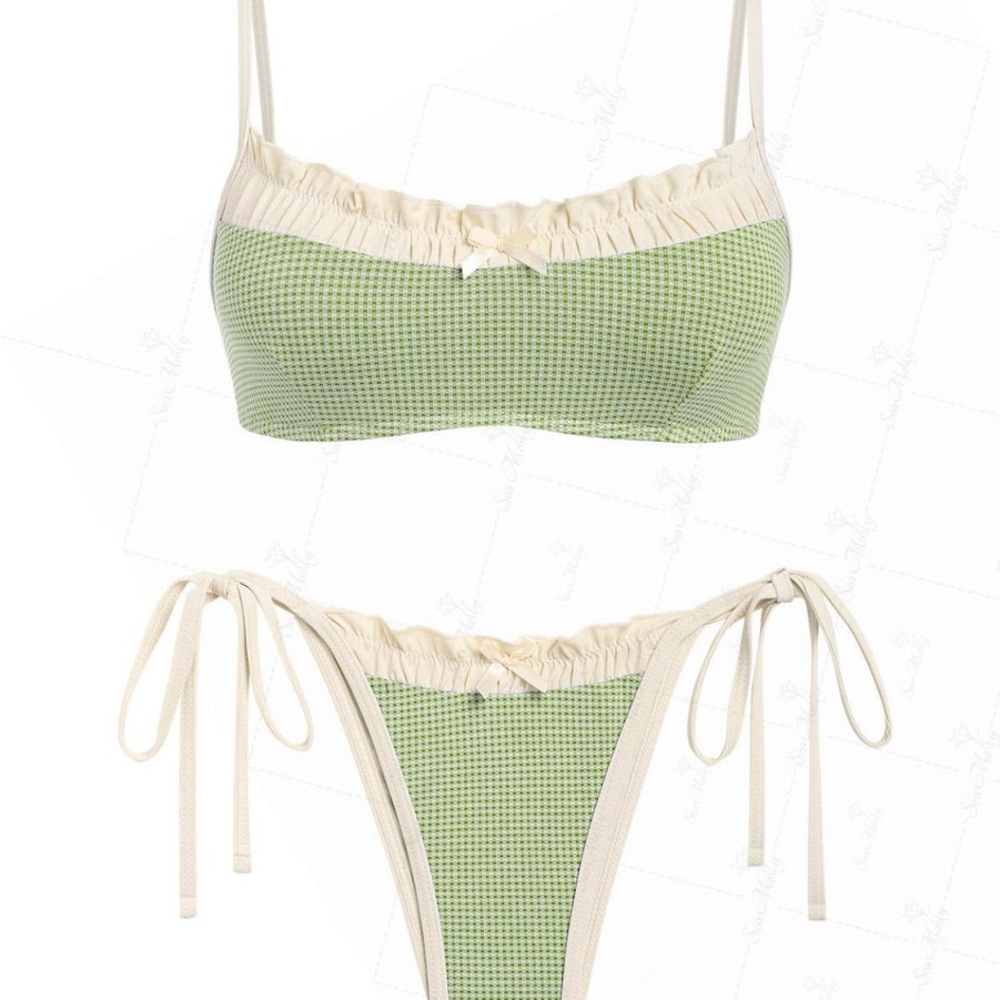 Light Green & Cream Ruffle Bandeau Bikini Top and Tie-Side Bottoms - Women Swim